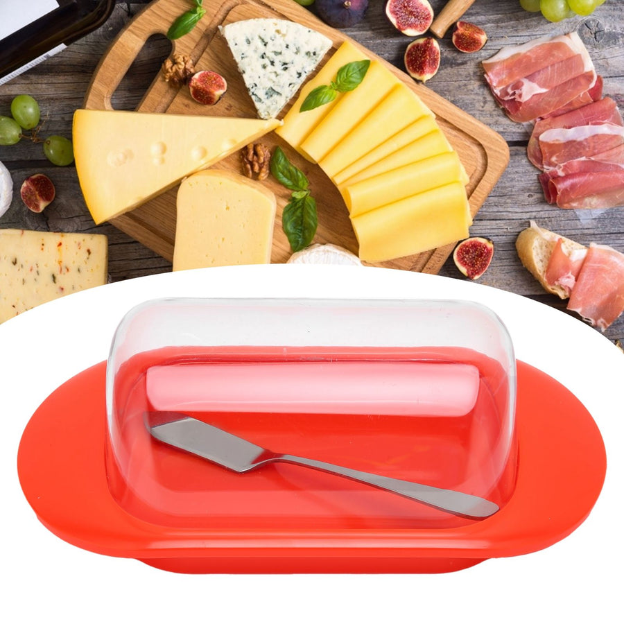 Round Edge Plastic Butter Storage Box Cheese Dessert Bread Container with Transparent Lid KnifeRed