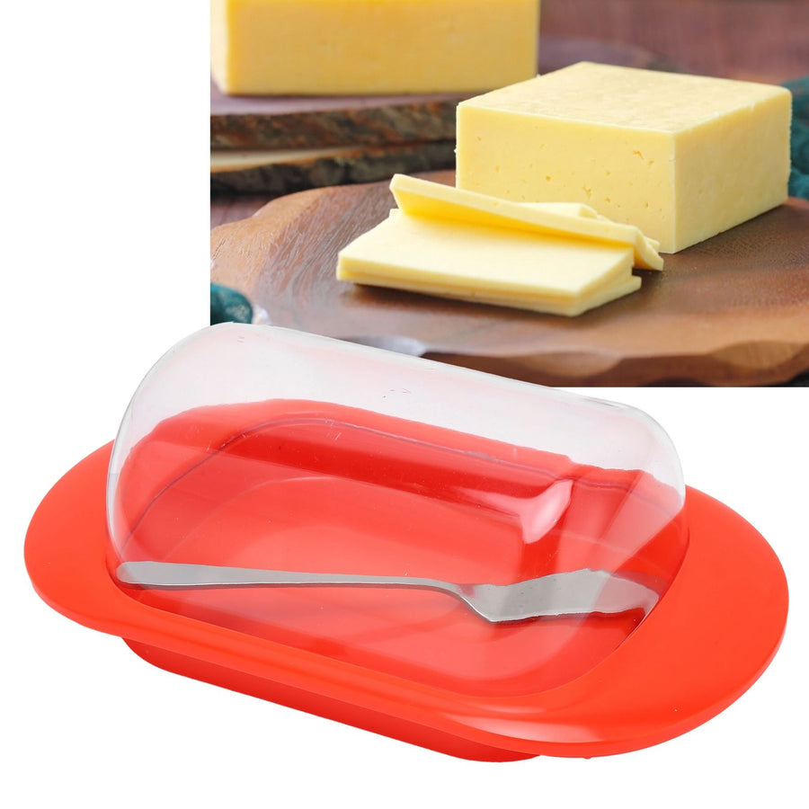 Round Edge Plastic Butter Storage Box Cheese Dessert Bread Container with Transparent Lid KnifeRed