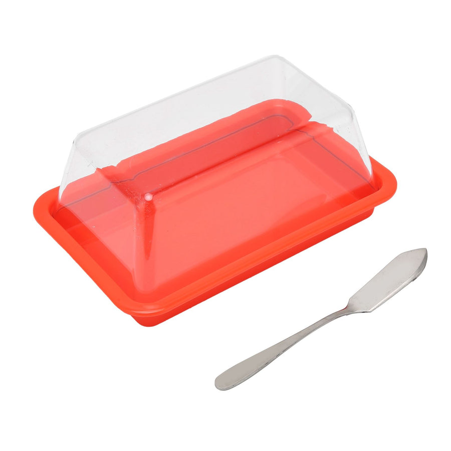 Quadrate Plastic Butter Storage Box Butter Cutter Cheese Container with Transparent LidRed