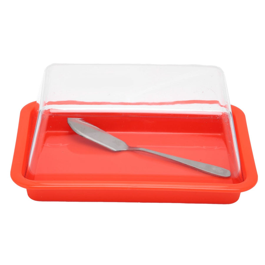 Quadrate Plastic Butter Storage Box Butter Cutter Cheese Container with Transparent LidRed