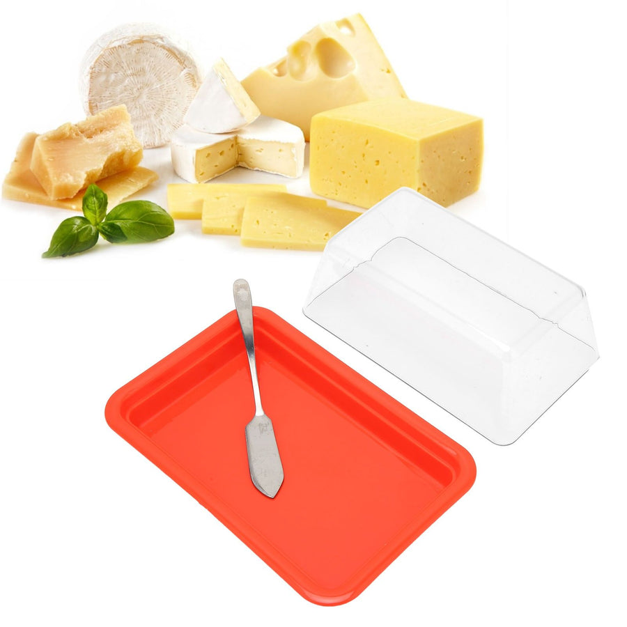 Quadrate Plastic Butter Storage Box Butter Cutter Cheese Container with Transparent LidRed