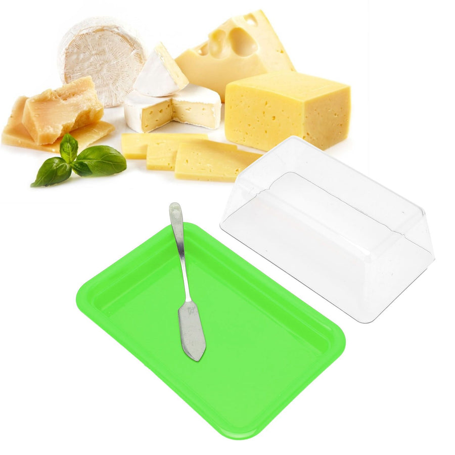 Quadrate Plastic Butter Storage Box Butter Cutter Cheese Container with Transparent LidGreen