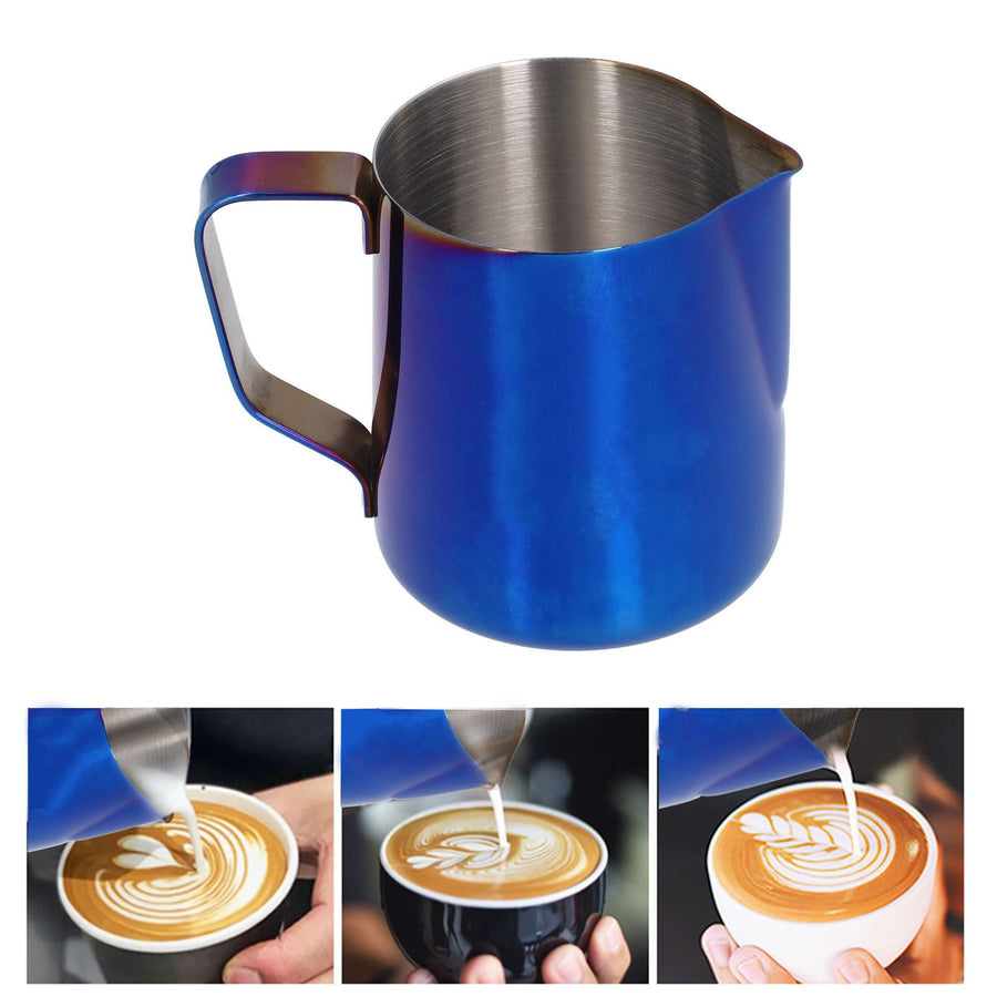 Stainless Steel Frothing Pitcher Milk Coffee Frothing Cup with Inner Scale Pointed Mouth Blue600ML (With Label)