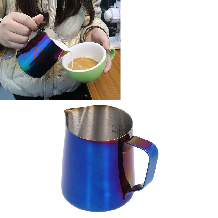 Stainless Steel Frothing Pitcher Milk Coffee Frothing Cup with Inner Scale Pointed Mouth Blue600ML (With Label)