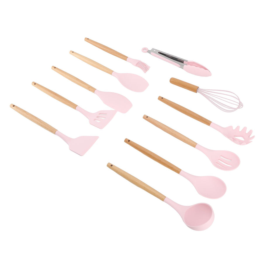 11Pcs Kitchen Utensils Set Heat Resistant Seamless Design Non Stick Comfortable Touch Cooking Utensils Spatula Set for Home Pink