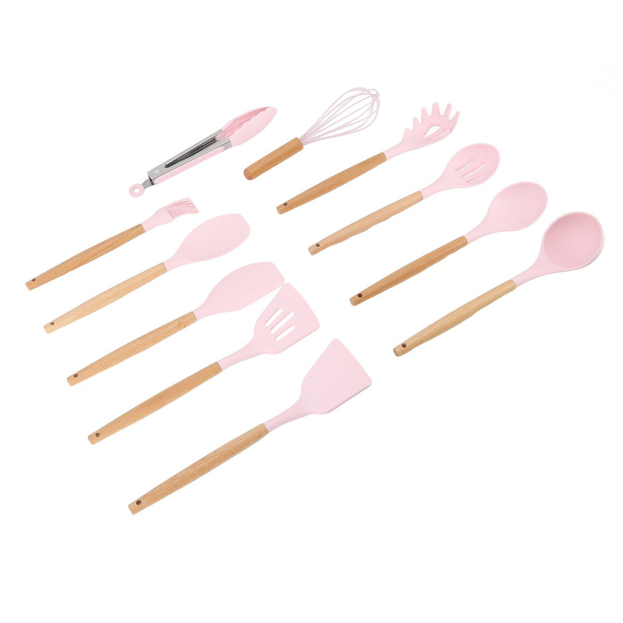 11Pcs Kitchen Utensils Set Heat Resistant Seamless Design Non Stick Comfortable Touch Cooking Utensils Spatula Set for Home Pink