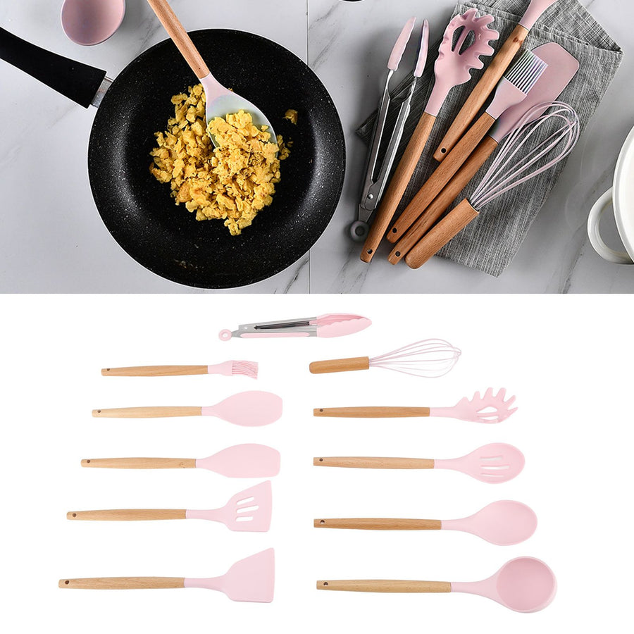 11Pcs Kitchen Utensils Set Heat Resistant Seamless Design Non Stick Comfortable Touch Cooking Utensils Spatula Set for Home Pink