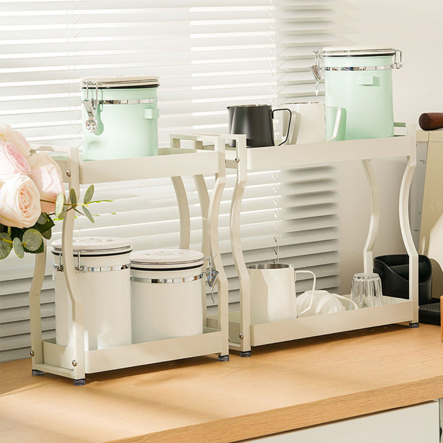 Coffee Bar Storage Rack Double Layer Cabinet Shelf Stainless Steel Countertop Organizer with Handles White 40cm / 15.7in