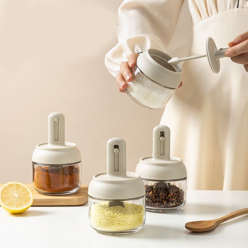 Seasoning Jar Retractable Spoon Glass Transparent Spice Condiment Storage Container Box for Home Kitchen