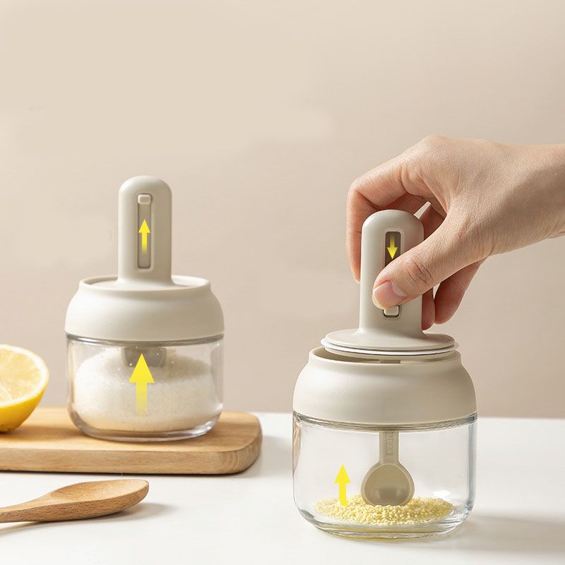 Seasoning Jar Retractable Spoon Glass Transparent Spice Condiment Storage Container Box for Home Kitchen