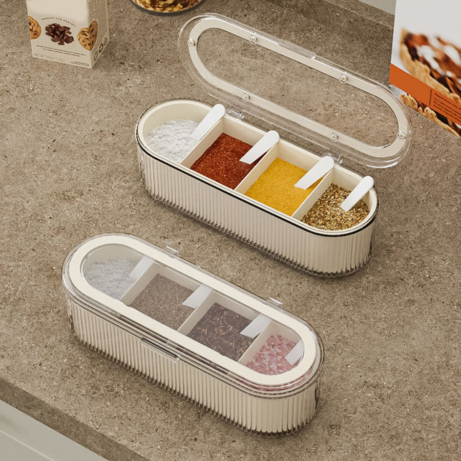 4 Grids Kitchen Seasoning Box with Lid Household Spice Box Sealed Sugar Salt Container with Spoon
