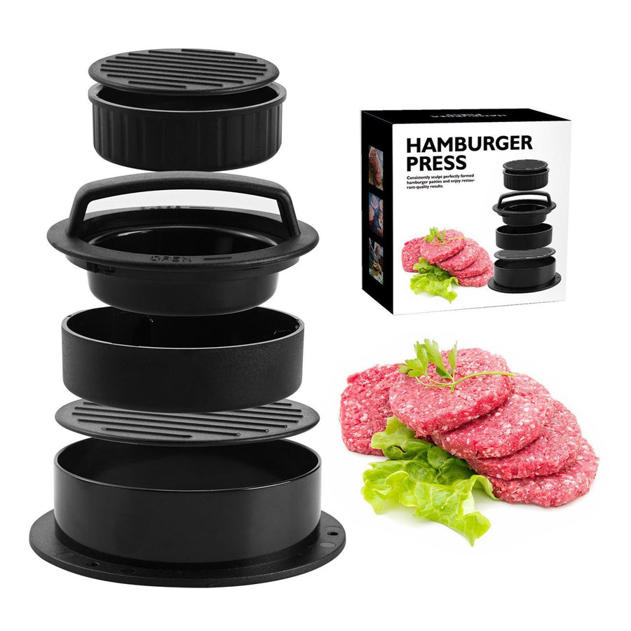 3 in 1 Hamburger Press Easy Release Non Stick Stuffed Burger Press Round Plastic Manual Meat Patty Maker for Kitchen Black