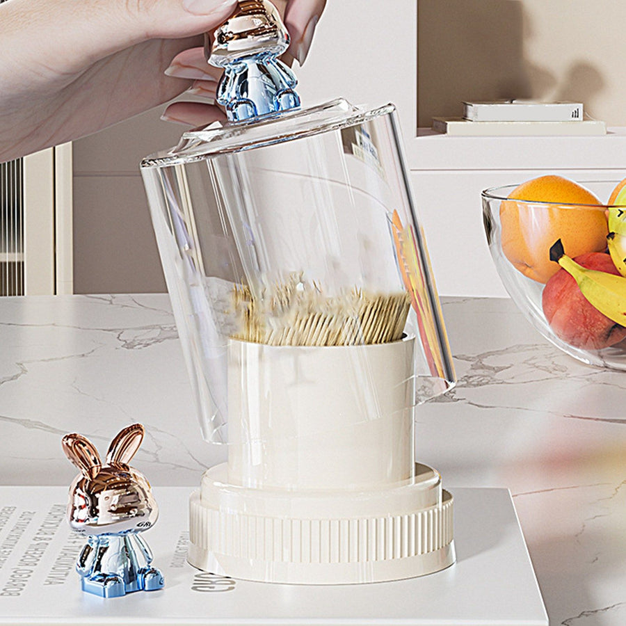 Toothpick Holder with Cute Rabbit Transparent Lid Large Capacity Round Toothpick Box for Kitchen Restaurant