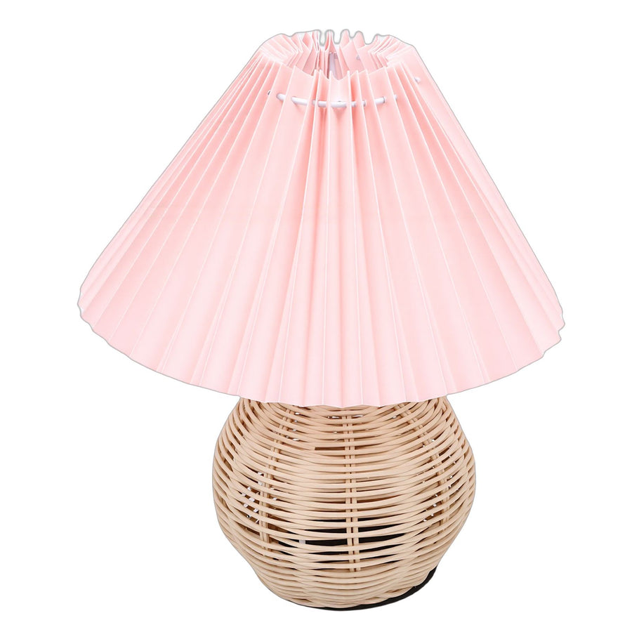 Pleated Table Lamp Soft Yellow Light Linen Lampshade Rattan Base Bedside Lamp for Bedroom Roseate