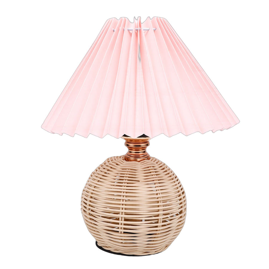 Pleated Table Lamp Soft Yellow Light Linen Lampshade Rattan Base Bedside Lamp for Bedroom Roseate