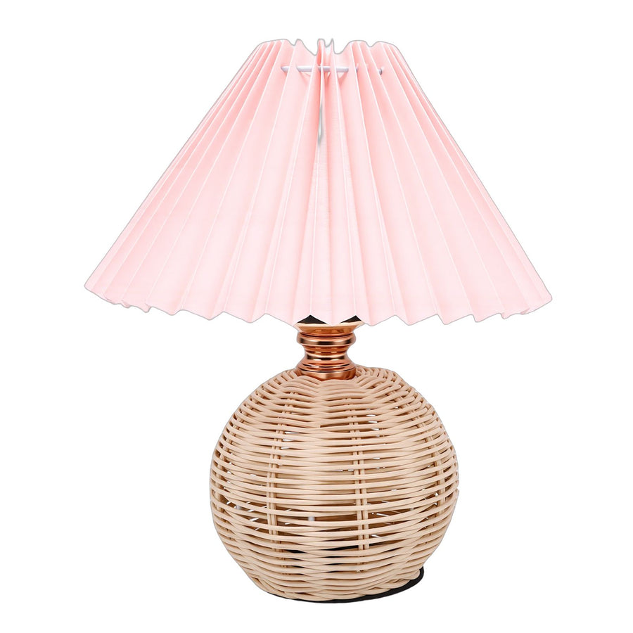 Pleated Table Lamp Soft Yellow Light Linen Lampshade Rattan Base Bedside Lamp for Bedroom Roseate