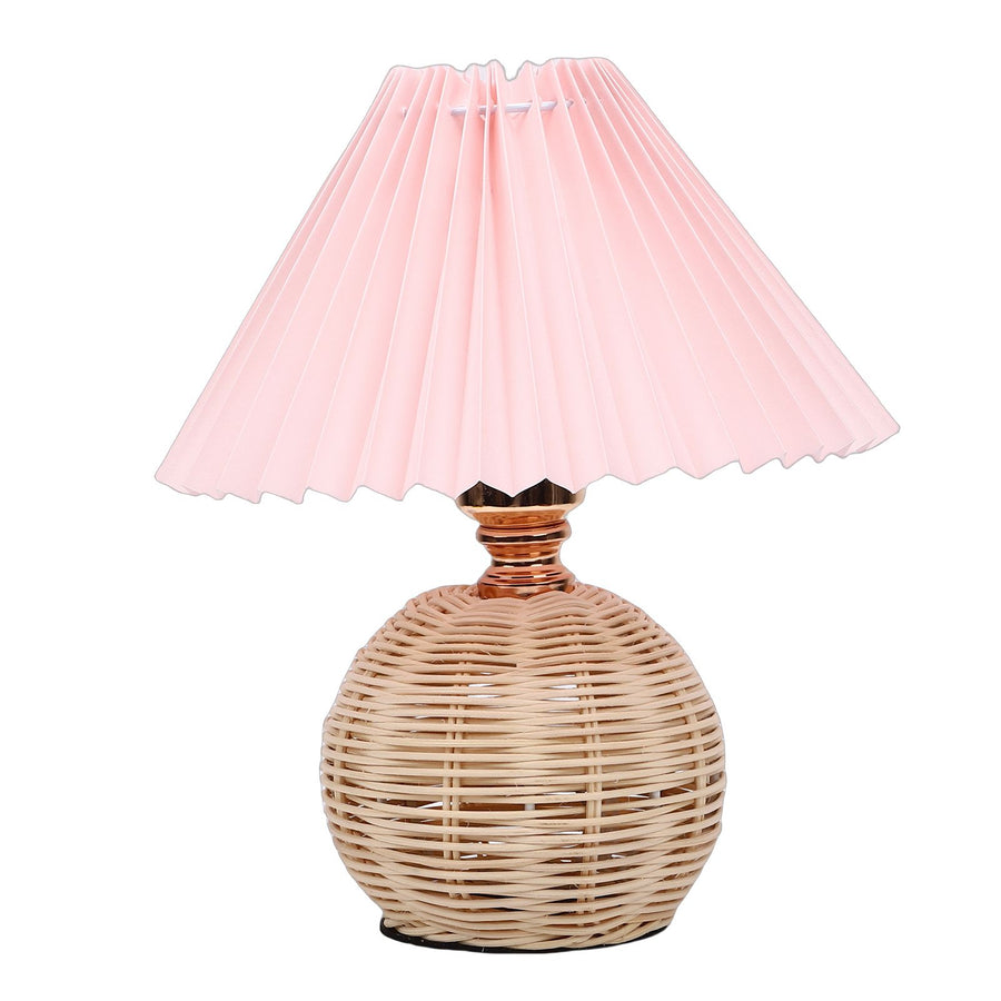 Pleated Table Lamp Soft Yellow Light Linen Lampshade Rattan Base Bedside Lamp for Bedroom Roseate