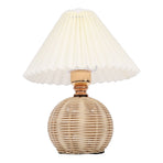 Pleated Table Lamp Soft Yellow Light Linen Lampshade Rattan Base Bedside Lamp for Bedroom Beige