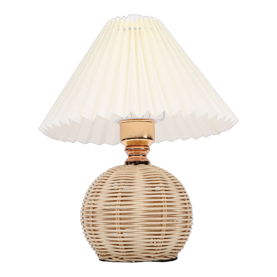 Pleated Table Lamp Soft Yellow Light Linen Lampshade Rattan Base Bedside Lamp for Bedroom Beige