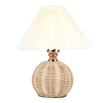 Pleated Table Lamp Soft Yellow Light Linen Lampshade Rattan Base Bedside Lamp for Bedroom Beige