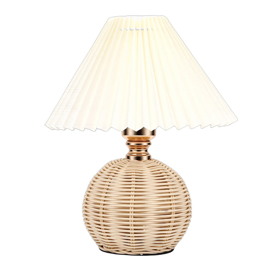 Pleated Table Lamp Soft Yellow Light Linen Lampshade Rattan Base Bedside Lamp for Bedroom Beige