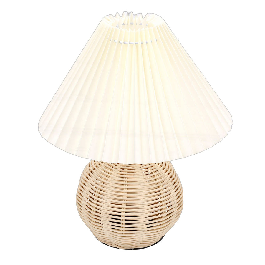 Pleated Table Lamp Soft Yellow Light Linen Lampshade Rattan Base Bedside Lamp for Bedroom Beige