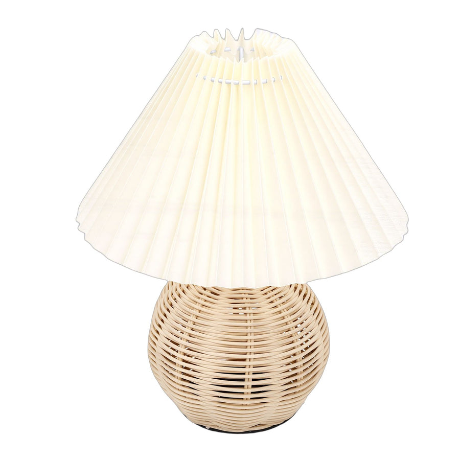Pleated Table Lamp Soft Yellow Light Linen Lampshade Rattan Base Bedside Lamp for Bedroom Beige