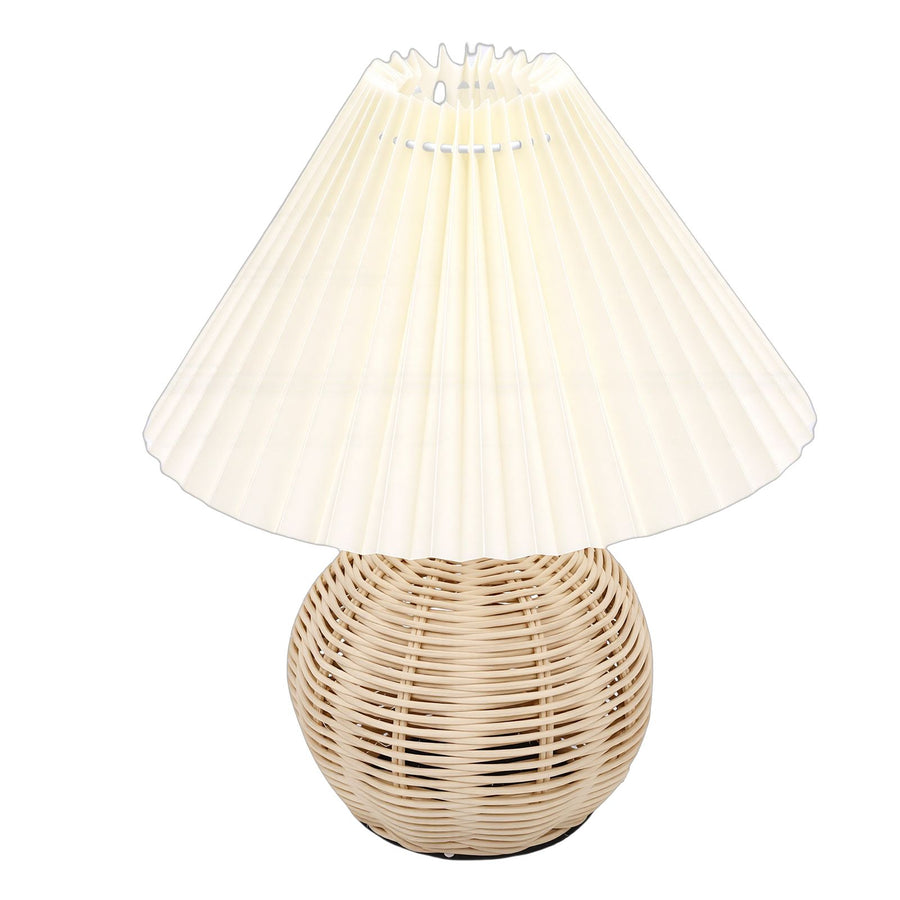 Pleated Table Lamp Soft Yellow Light Linen Lampshade Rattan Base Bedside Lamp for Bedroom Beige