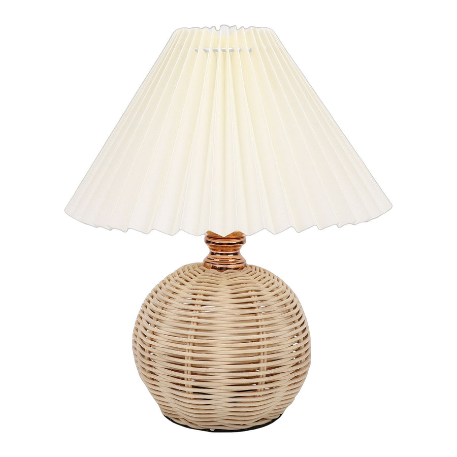 Pleated Table Lamp Soft Yellow Light Linen Lampshade Rattan Base Bedside Lamp for Bedroom Beige