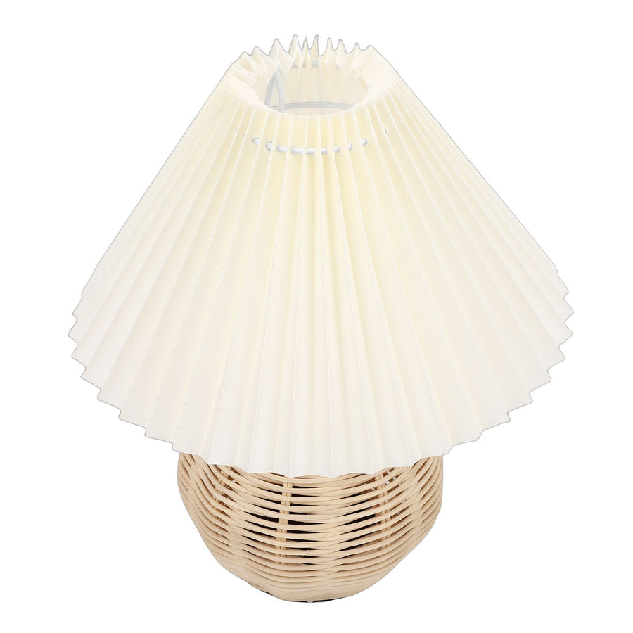 Pleated Table Lamp Soft Yellow Light Linen Lampshade Rattan Base Bedside Lamp for Bedroom Beige