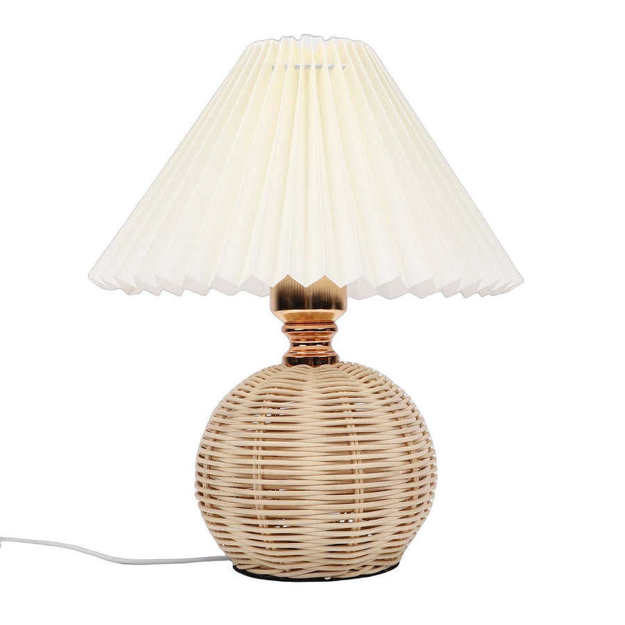 Pleated Table Lamp Soft Yellow Light Linen Lampshade Rattan Base Bedside Lamp for Bedroom Beige