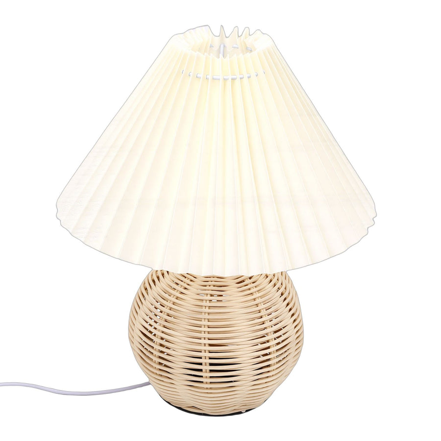 Pleated Table Lamp Soft Yellow Light Linen Lampshade Rattan Base Bedside Lamp for Bedroom Beige