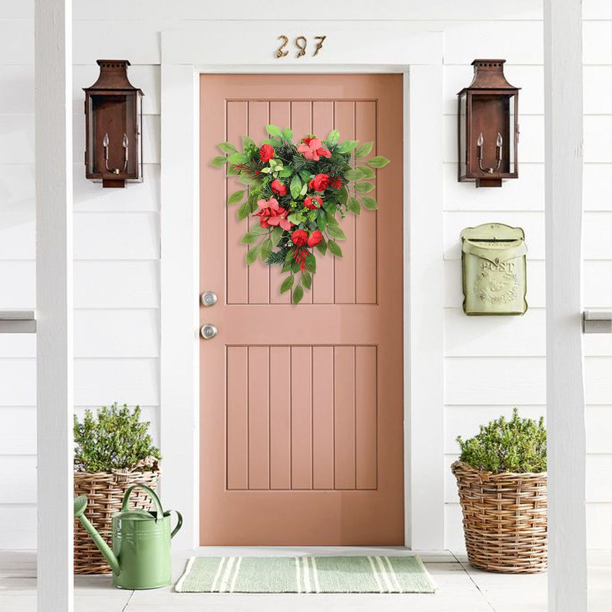 Red Tea Bud Hydrangea Upside down Tree PVC Green Plant Door Hanging Home Decoration