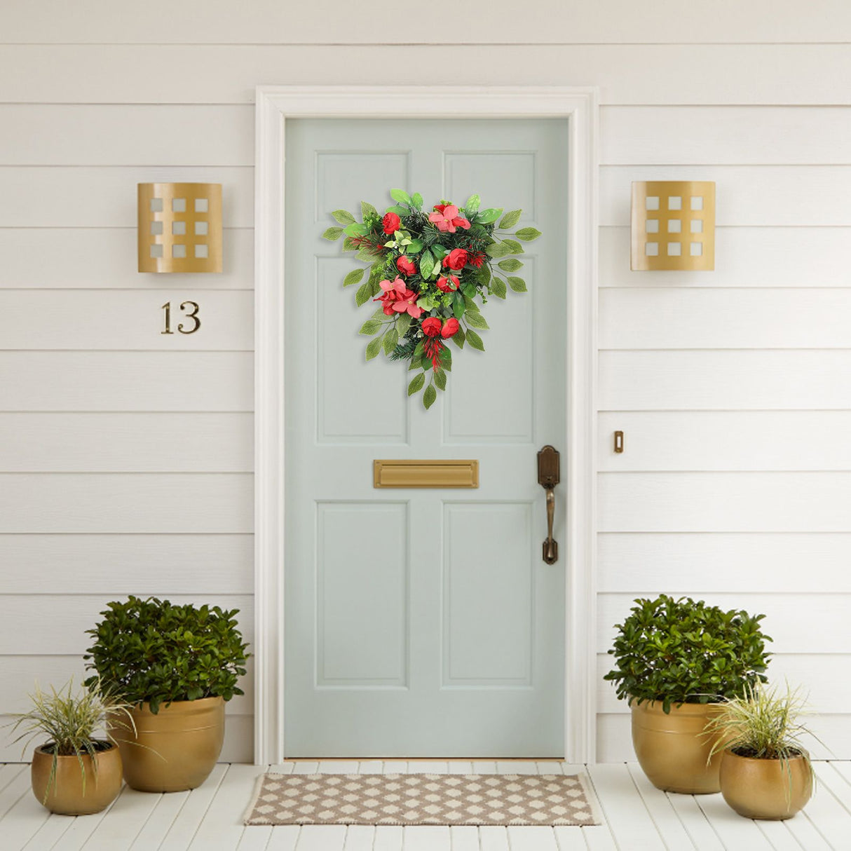 Red Tea Bud Hydrangea Upside down Tree PVC Green Plant Door Hanging Home Decoration