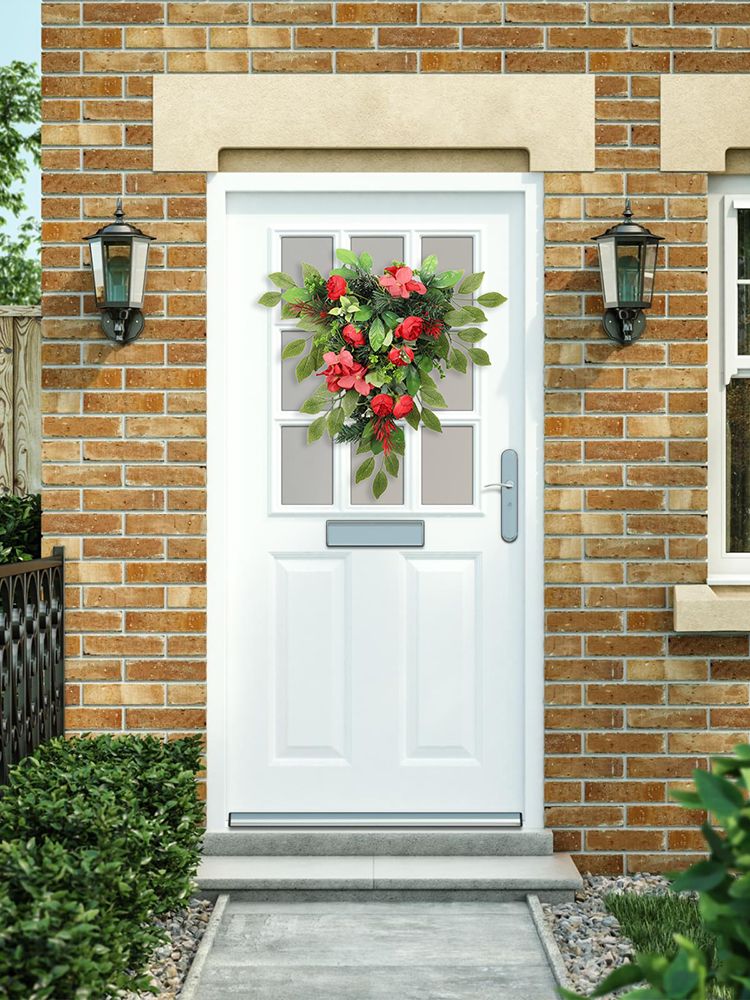 Red Tea Bud Hydrangea Upside down Tree PVC Green Plant Door Hanging Home Decoration