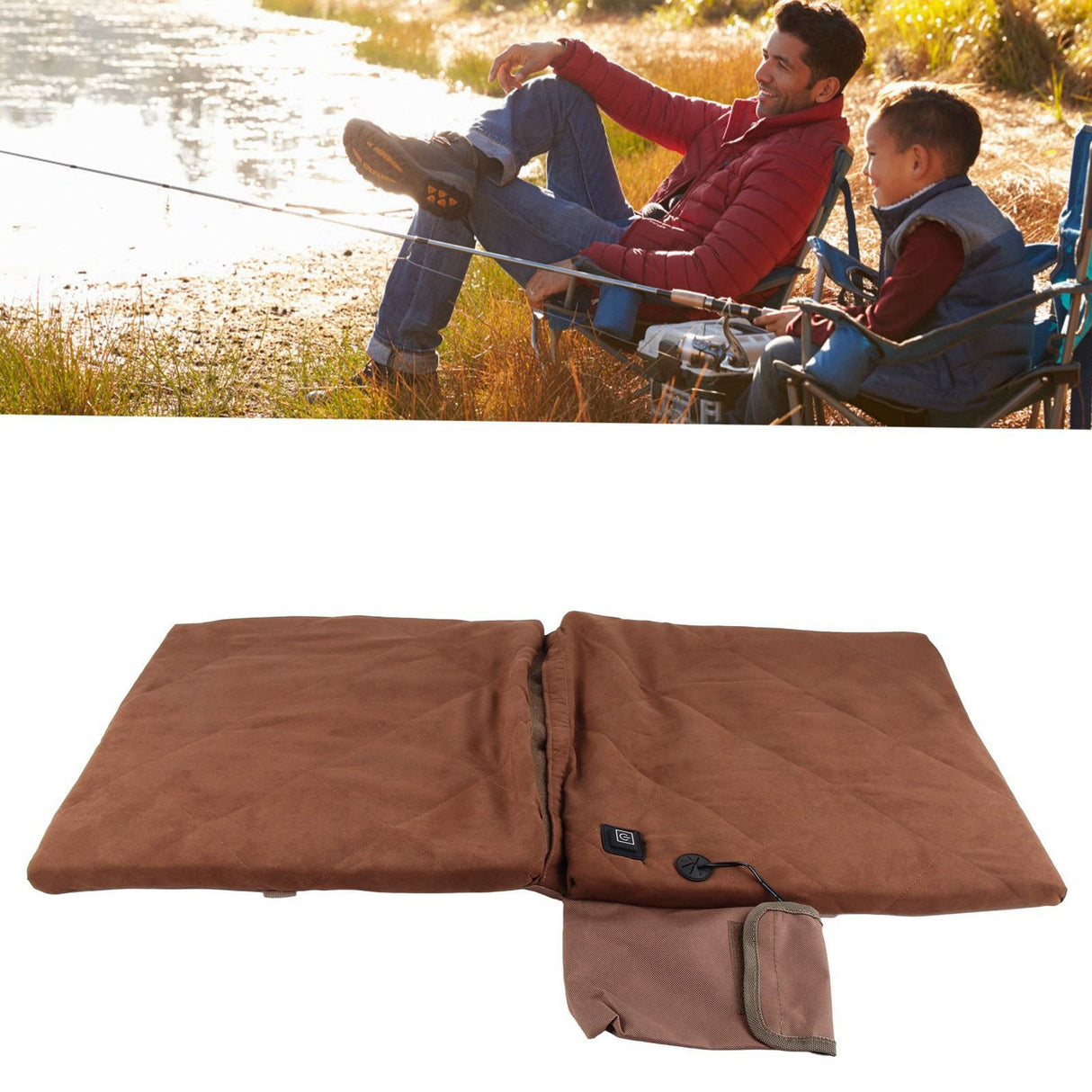 Electric Heating Seat Cushion Foldable Stadium Seats Heated Cover Pads with Backrest for Camping Fishing Hunting Khaki