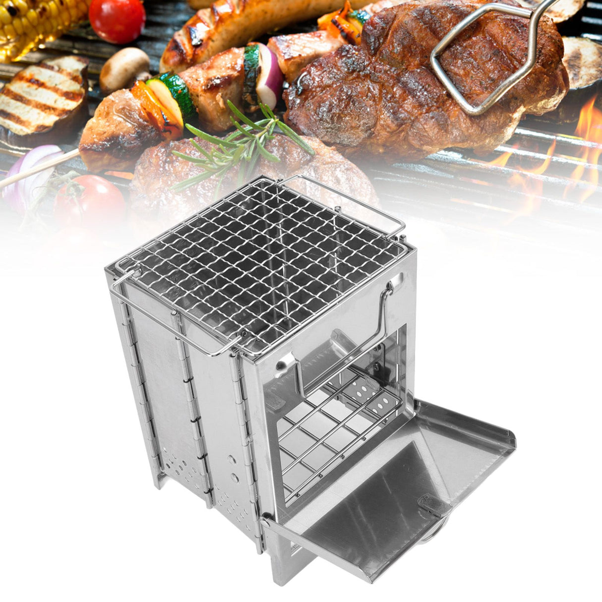 Camping Wood Stove Foldable Stainless Steel Integrated Mini BBQ Grill for Warm Outdoor Picnic