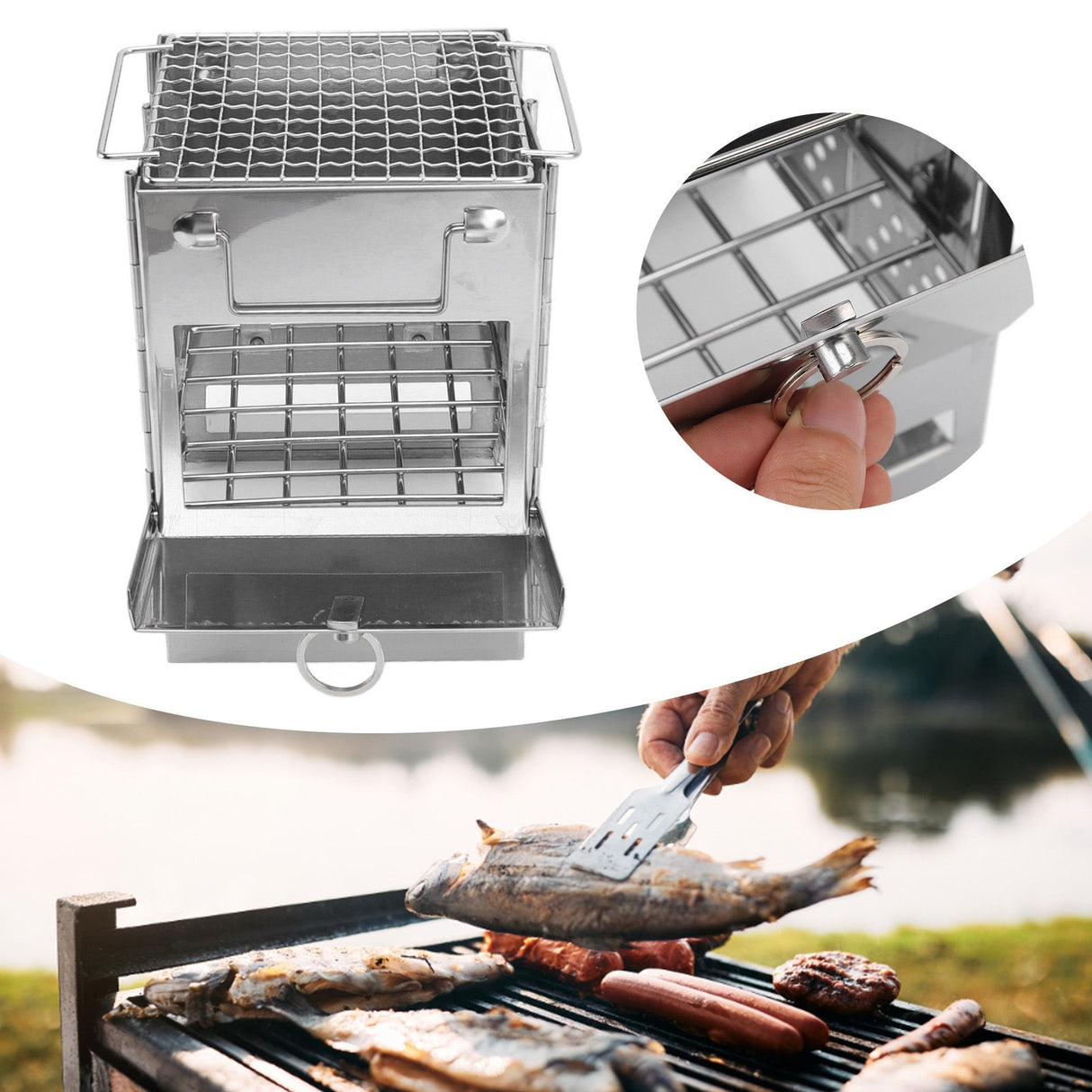 Camping Wood Stove Foldable Stainless Steel Integrated Mini BBQ Grill for Warm Outdoor Picnic