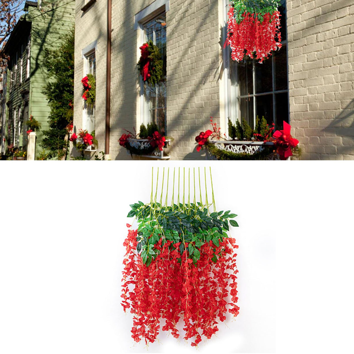 Simulated 6 Leaves Wisteria Decoration Silk Flower Artificial Faux Indoor Vine Wisteria Ornament for Home Red