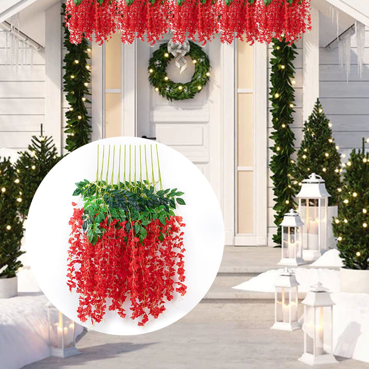 Simulated 6 Leaves Wisteria Decoration Silk Flower Artificial Faux Indoor Vine Wisteria Ornament for Home Red