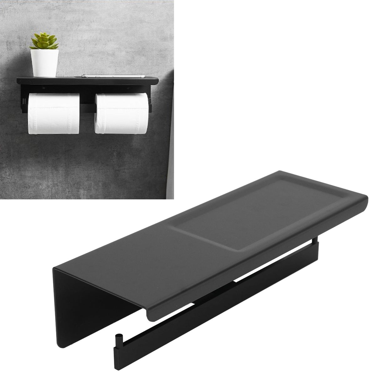 Wall Mount Toilet Paper Holder 2 Use Hotel Bathroom Tissue Waterproof with Storage Shelf Black