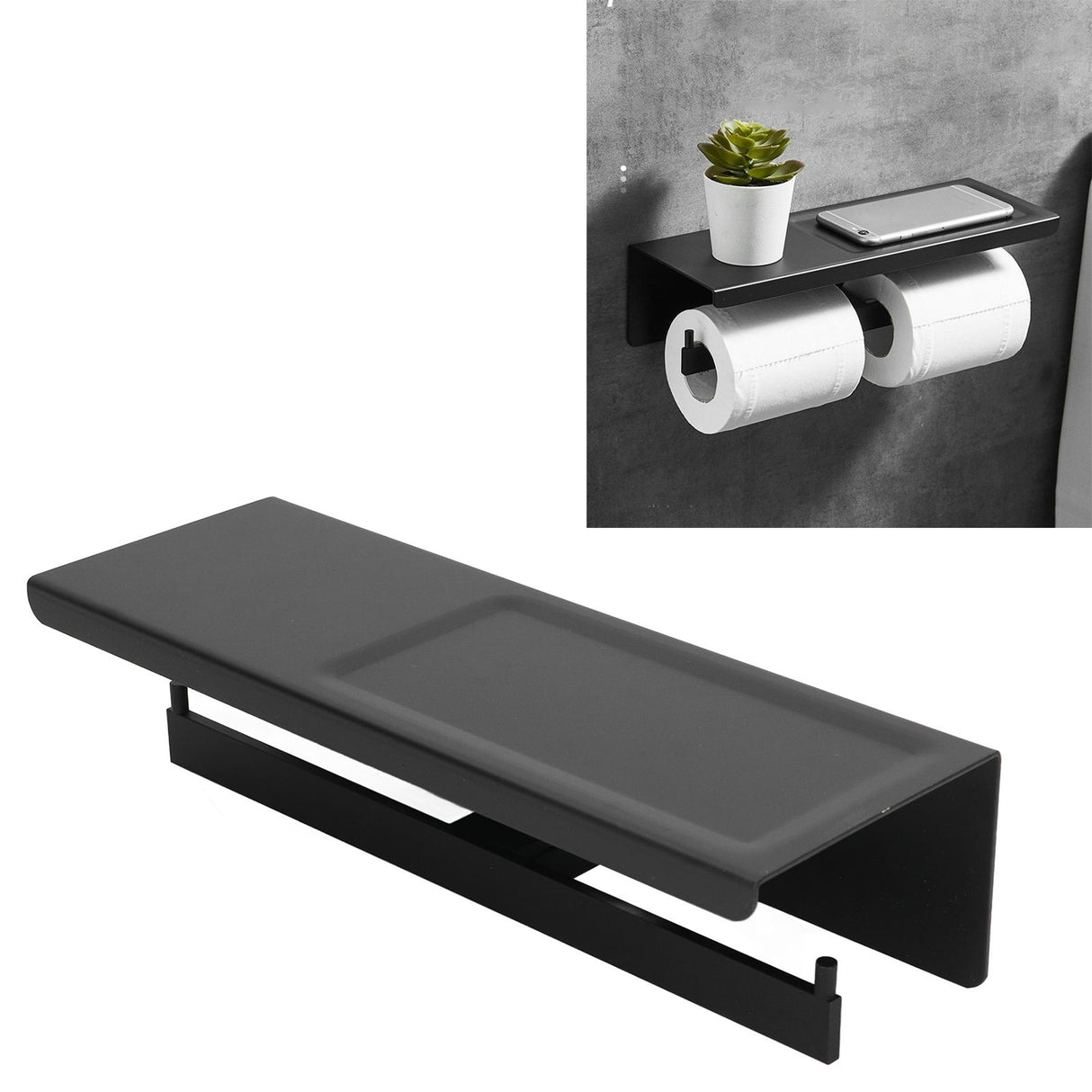 Wall Mount Toilet Paper Holder 2 Use Hotel Bathroom Tissue Waterproof with Storage Shelf Black