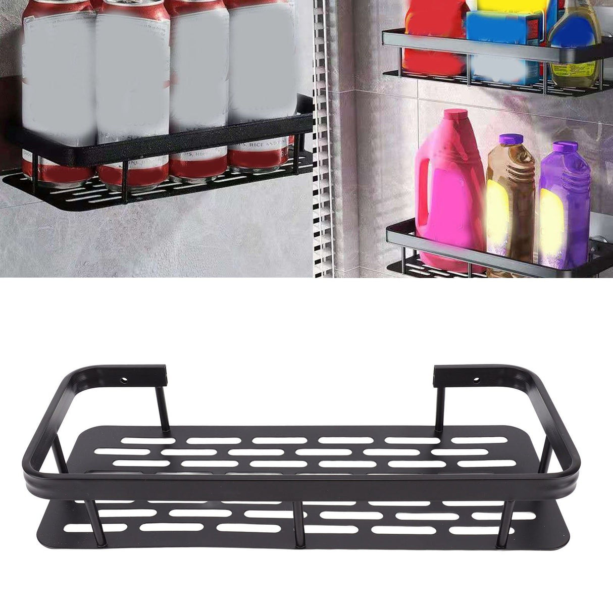 Shower Caddy Single Tier Durable Aluminium Rustproof Sticker Installation Shower Shelf for Bathroom Bedroom Kitchen Black