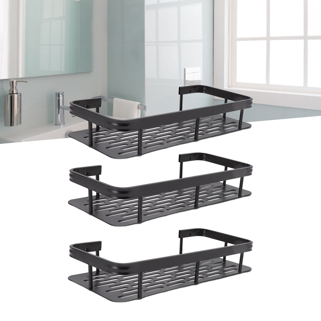 Shower Storage Rack 3 Layers Punch Free Rectangle Aluminum Shower Shelf Basket for Home Bathroom Black