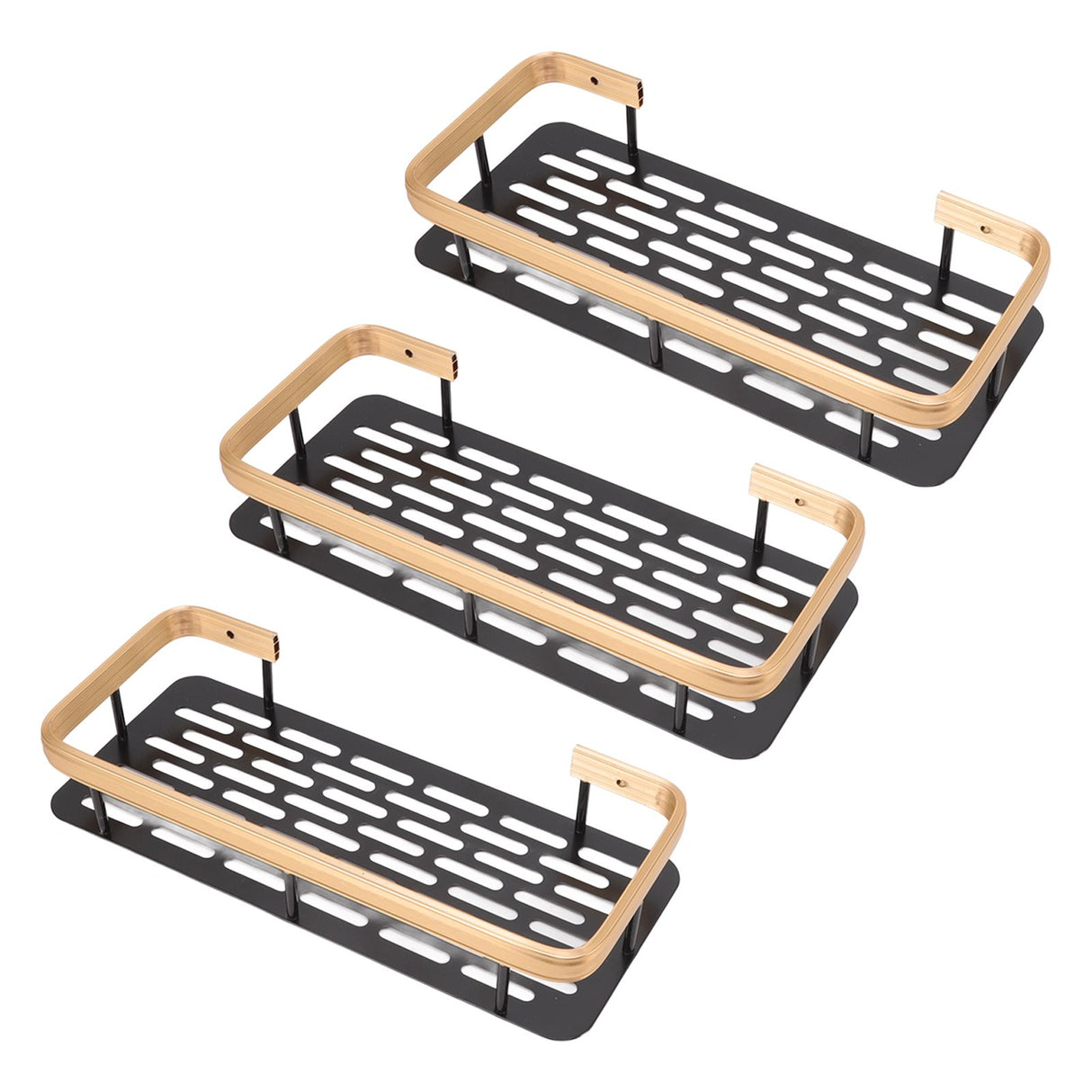 Shower Storage Rack 3 Layers Punch Free Rectangle Aluminum Shower Shelf Basket for Home Bathroom Black Gold