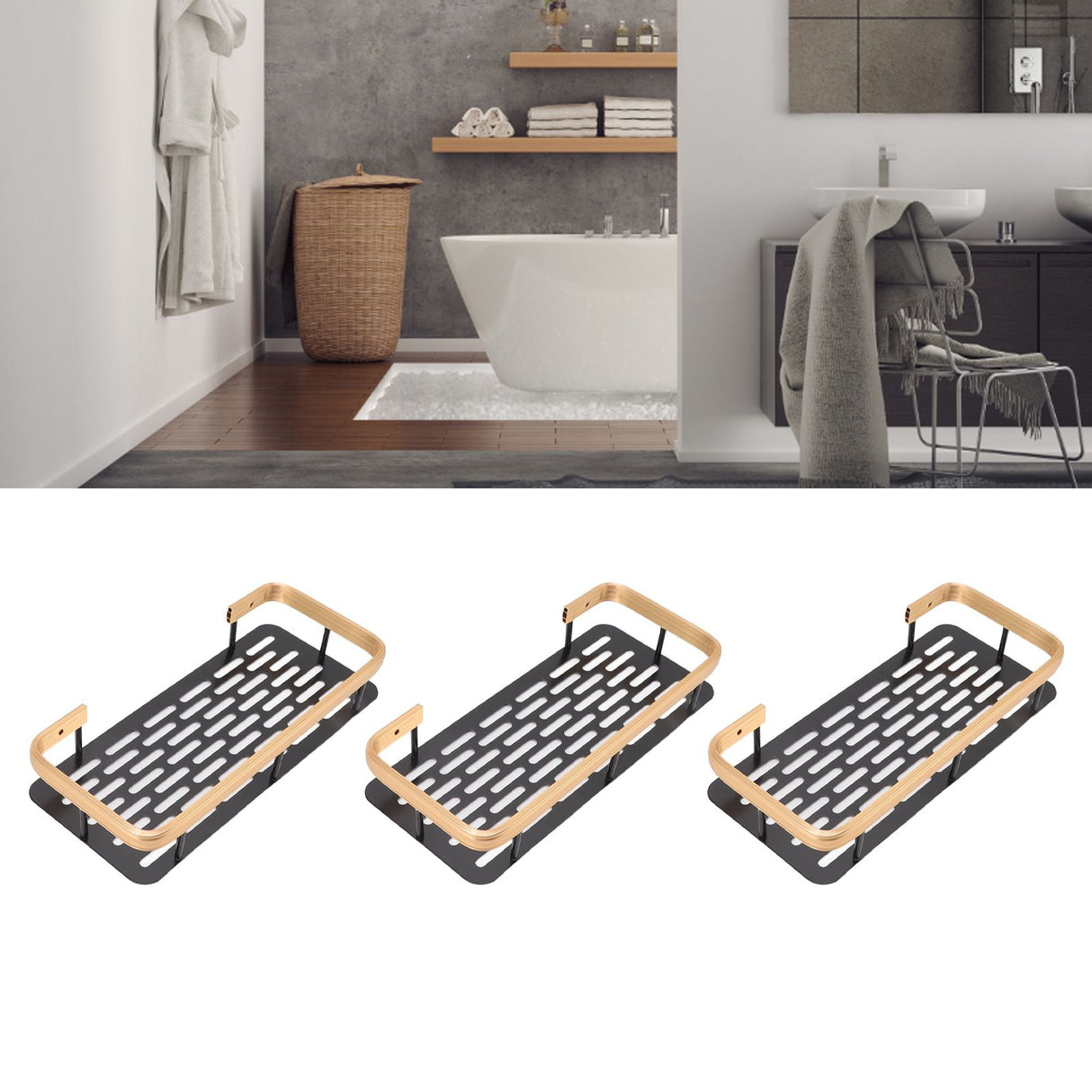 Shower Storage Rack 3 Layers Punch Free Rectangle Aluminum Shower Shelf Basket for Home Bathroom Black Gold