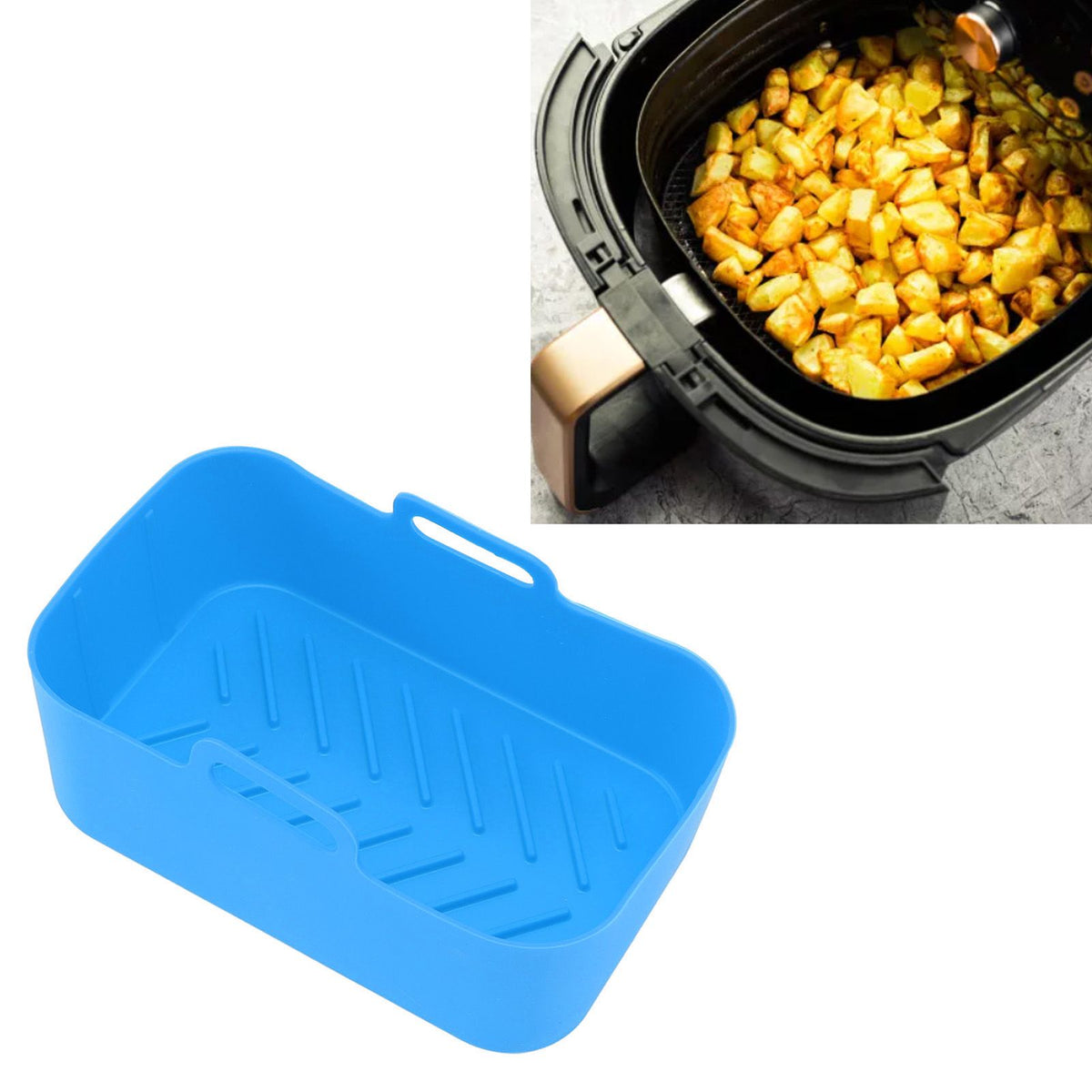 2 Sets Kitchen Fryer Silicone Basket and Mat Reusable Non Stick Rectangular Air Oven Accessories for Ninja DZ201 Foodi 8QT Blue