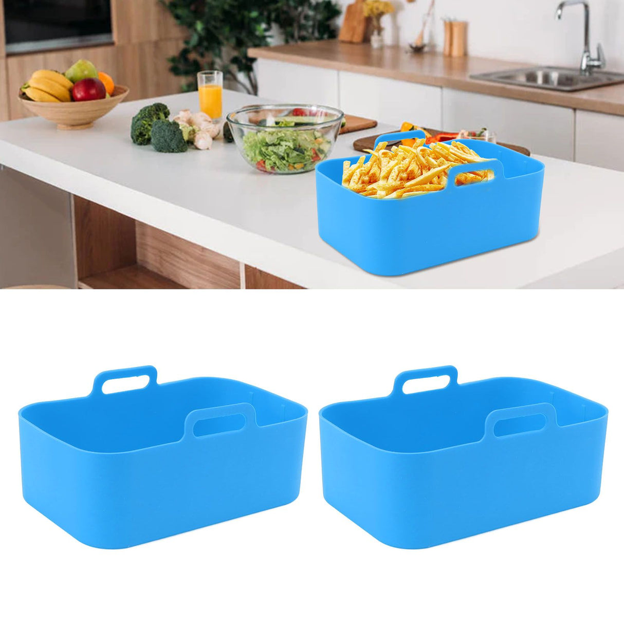 2pcs Fryer Silicone Basket Nonstick High Temperature Resistanc Fryer Liner with Brush for Ninja DZ201 Foodi 8QT Blue