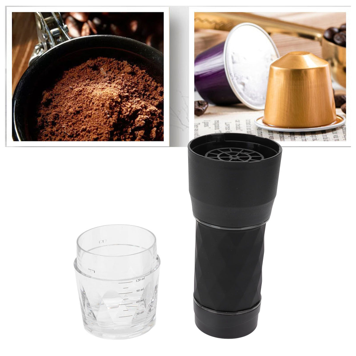 Maual Hand Coffee Maker Portable Travel Coffee Machine Compatible Ground Coffee and Coffee Capsule for Outdoor Black