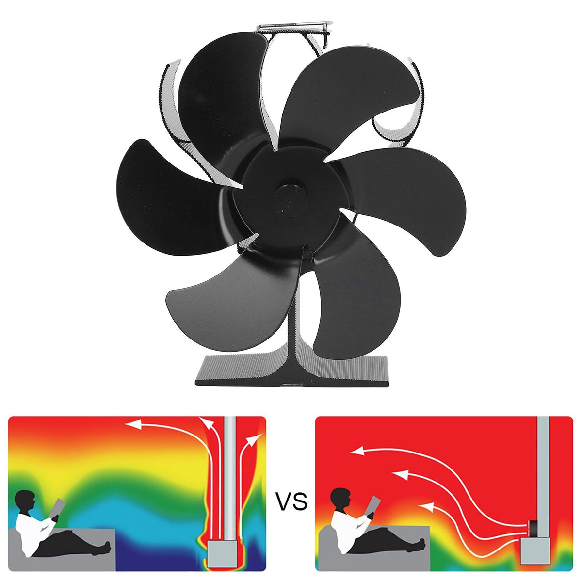 6 Blades Heat Powered Stove Fan High Temperature Resistance Self Starting Wood Burning Stove Fireplace Fan Black Diameter 152mm